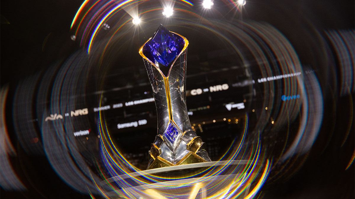 The LCS trophy on a plinth as teams compete to win the North American League of Legends tournament.