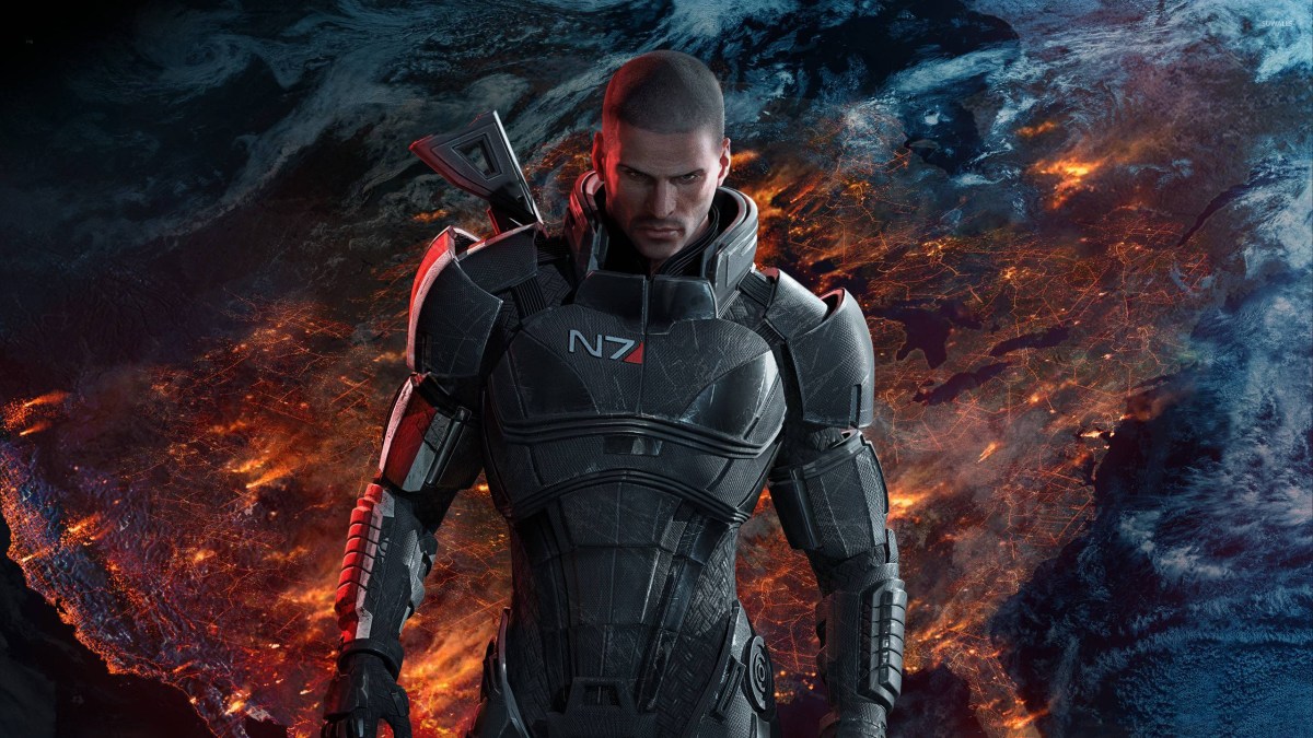 A promotional image of the male version of Commander Shepard from Mass Effect 3.