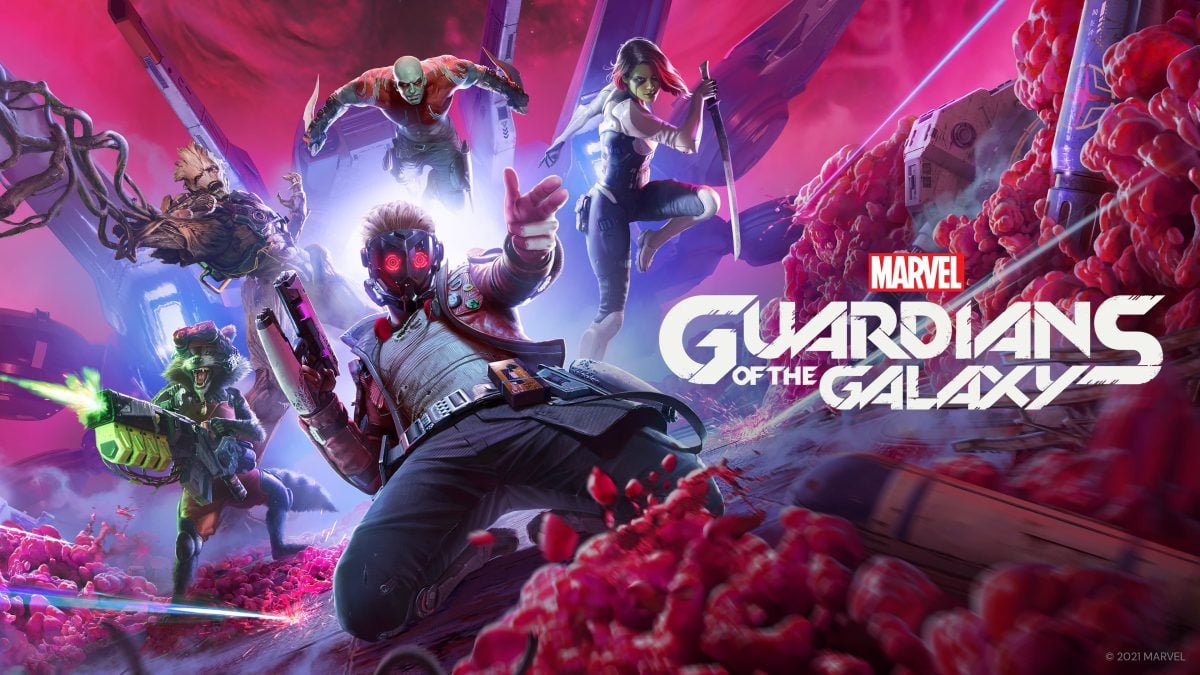 Key art for Guardians of the Galaxy featuring Drax, Groot, Rocket, Gamora, and Star-Lord