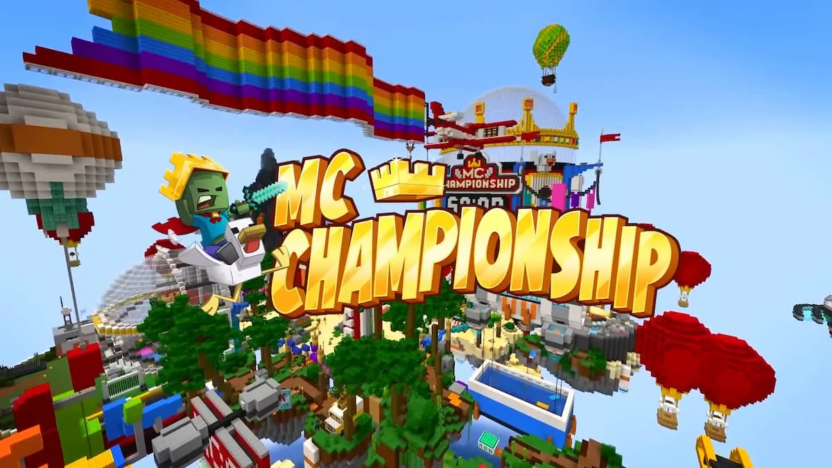 The MC Championship logo in front of the MCC hub in Minecraft.