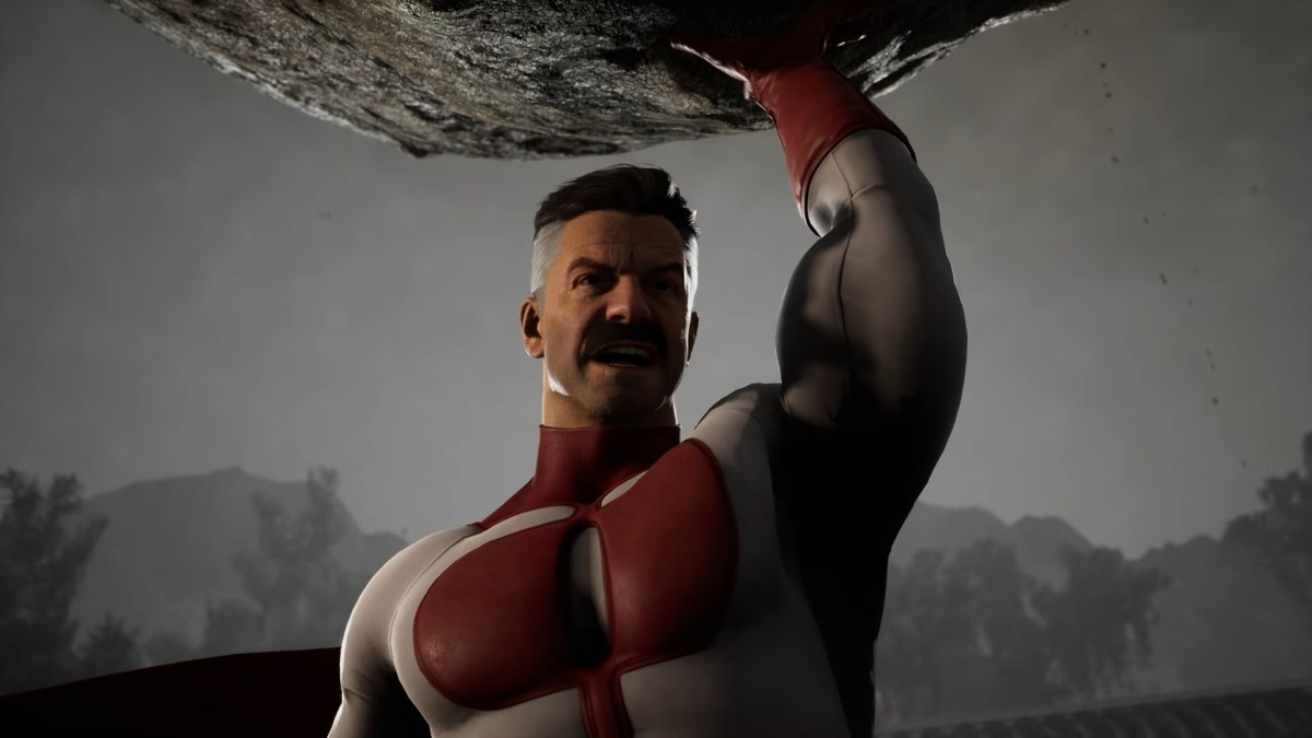 Omni-Man holding up a massive boulder with one arm in Mortal Kombat 1.