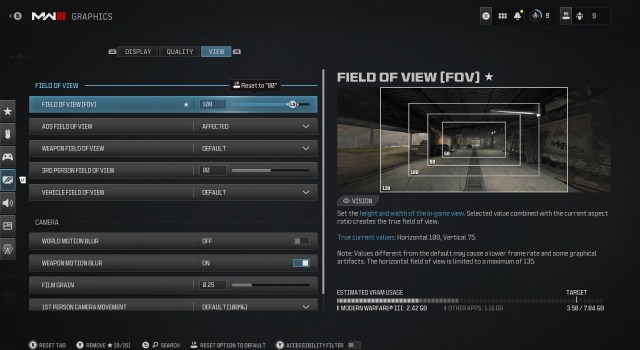 MW3's View settings, showing the Field of View FOV setting.