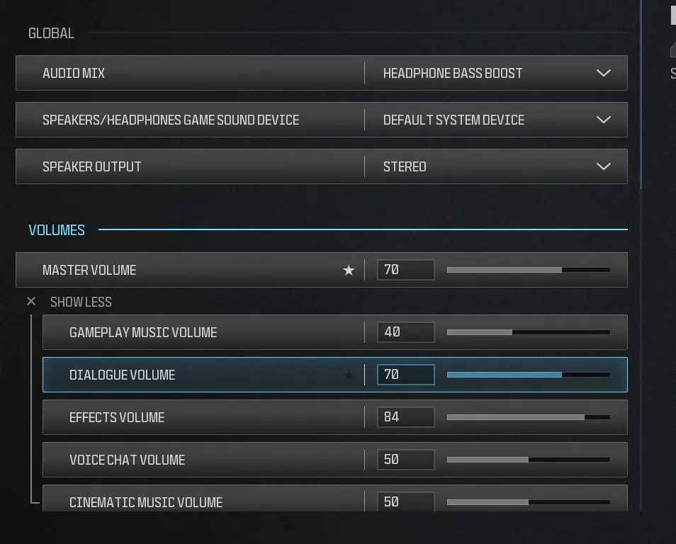 MW3 volume settings, showing Master Volume at 70, Gameplay Music Volume at 40, Dialogue Volume at 70, Effects Volume at 84, Voice Chat Volume at 50, and Cinematic Music Volume at 50.