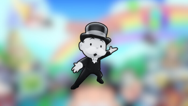 Monopoly's main character in black and white over a blurry colorful background