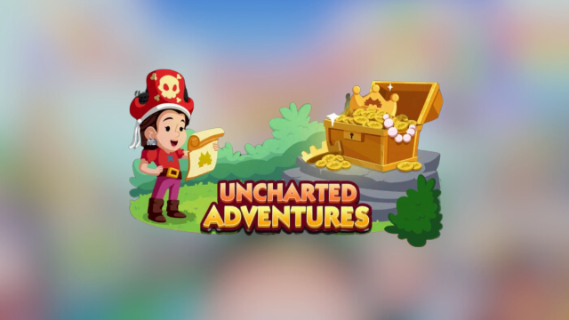 Monopoly GO's Uncharted Adventures logo on a blurry background.