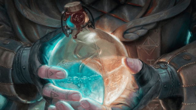 A pair of hands hold a strange, circular bottle, containing blue and red separated liquid, in MtG.