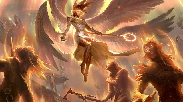 An angel in armor with four wings floats above a few mortal people, holy energy surrounding them, in MtG.