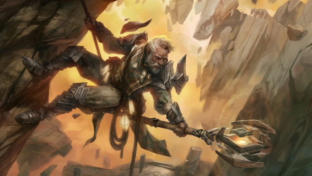 A man with a large mace and metal armor climbs down a mountain in MtG.