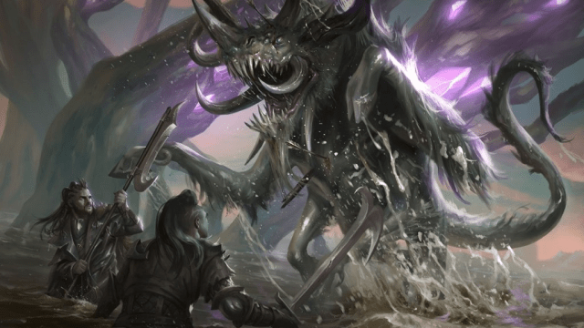 A pair of adventurers prepare to defend themselves from a gigantic shelled beast in a black swamp of MtG.