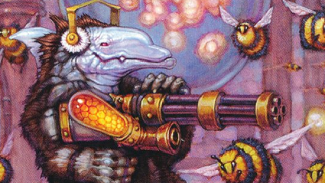 A strange, whale-like creature holds a honey-based Gatling gun, pointing it between two bees, in MtG.