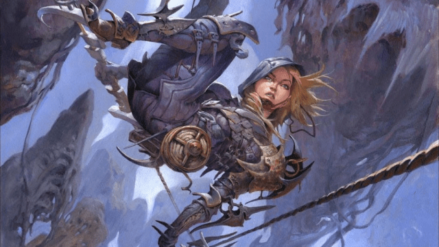 A blond woman climbs down a rope from the sky, clutching multiple weapons in MtG.