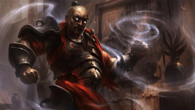 A gigantic monk with metal armor channels wind around himself next to a door in MtG.