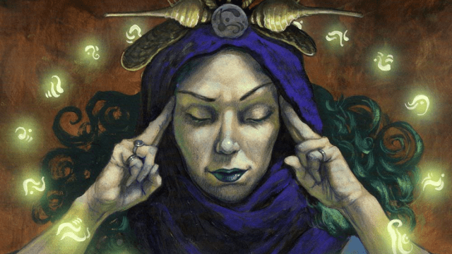 A woman in a blue robe concentrates, fingers to her temple, as a series of runes surround her head in MtG.