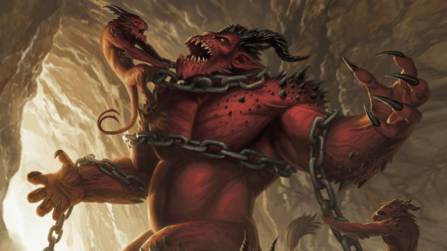 A large red demon with horns and claws is chained up, with several brown impish humanoids climbing on it in MtG.