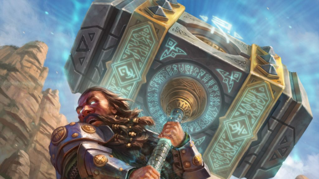 A dwarven man, with glowing eyes, enlarges his hammer to great size in MtG, using runes to do so.