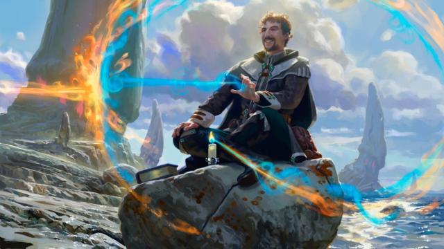 A mage sits on a rock, channeling magic from a candle to counter magic, in MtG.