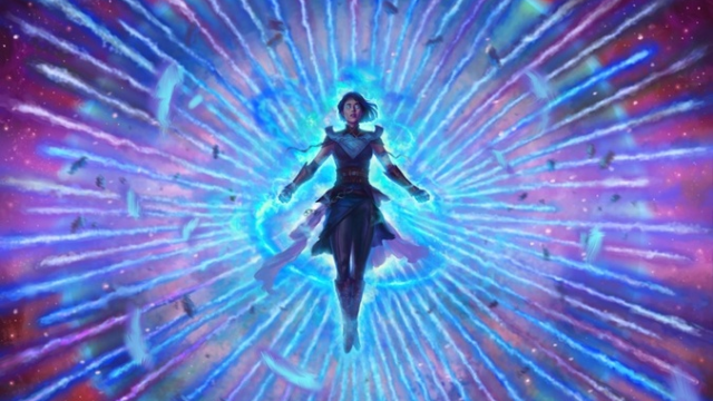 A woman in robes floats in the middle of a series of blue lines, glowing with magic in MtG.