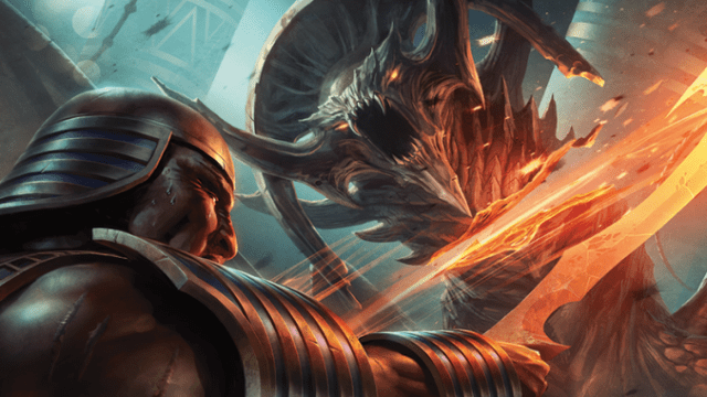 A man in steel armor slashes a flaming sword across the throat of a beast in MtG.