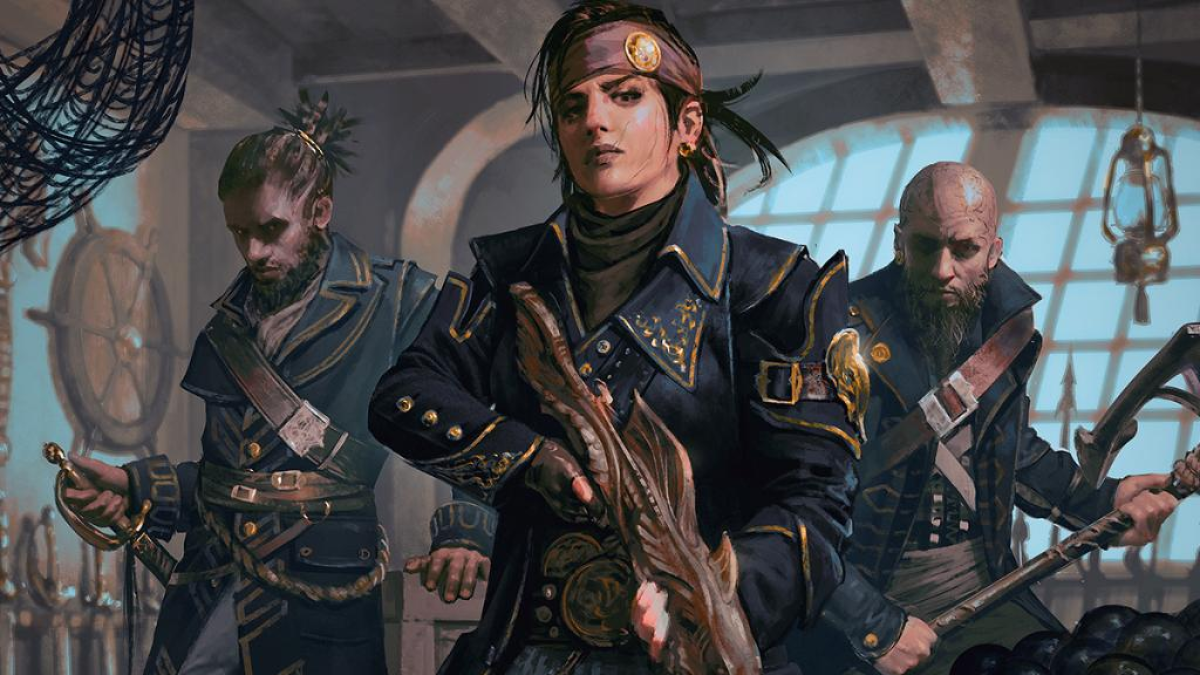 A group of three black-wearing pirates, including one with a strange-looking firearm, look at the viewer in the cabin of a boat in MtG.