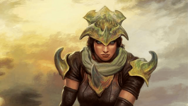A woman in lizard-like head and shoulder armor stares at the viewer in MtG, with a dusty sky in the background.