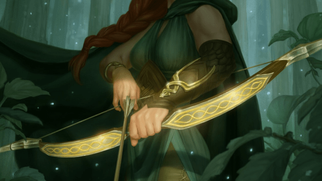 A woman with red hair holds a wooden bow in her hands, knocking an arrow in MtG.