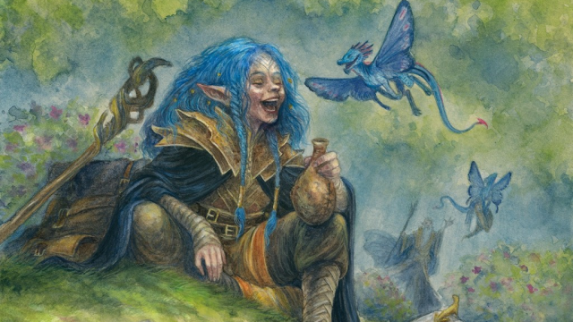 A short woman with blue hair talks with a dragon with butterfly wings in MtG.