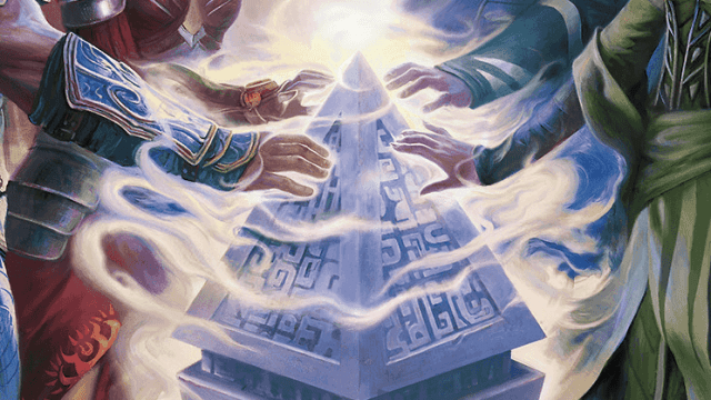 A group of adventurers with different gloves reach towards a magical, glowing pyramid in MtG.
