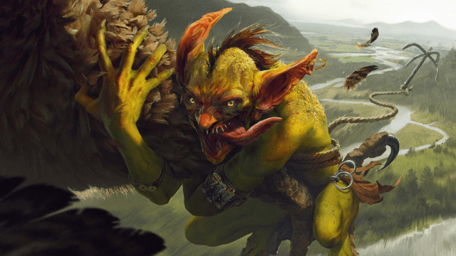 A small green humanoid clings onto the leg of a large bird in MtG.