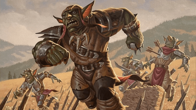 A goblin, terrified, runs from two of his allies who are struck by a bear trap and arrow trap, respectively, in MtG.