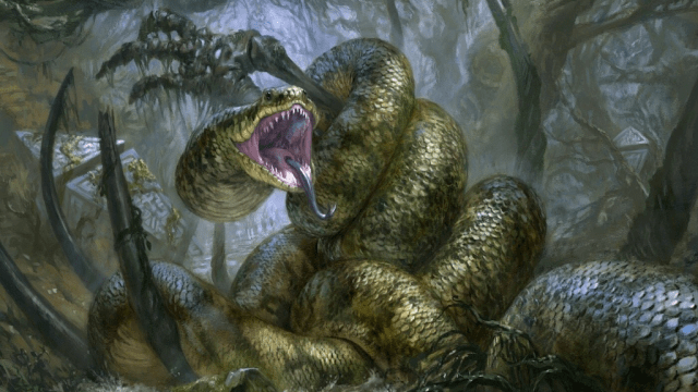 A gigantic snake wraps itself around a large bone arm in the jungle of MtG.