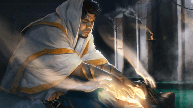 A man in a white and gold robe places his hands firmly on the back of an injured person in MtG. Golden healing magic emanates from him.