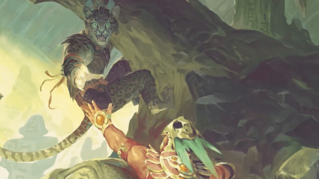 A feline woman holds her arm down to help a man with a skull mask as they climb up a rocky crevice in MtG.