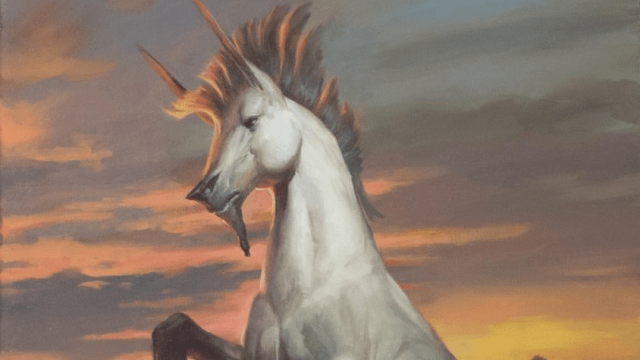 A horse stands on its hind legs with a sunset in the background in MtG.