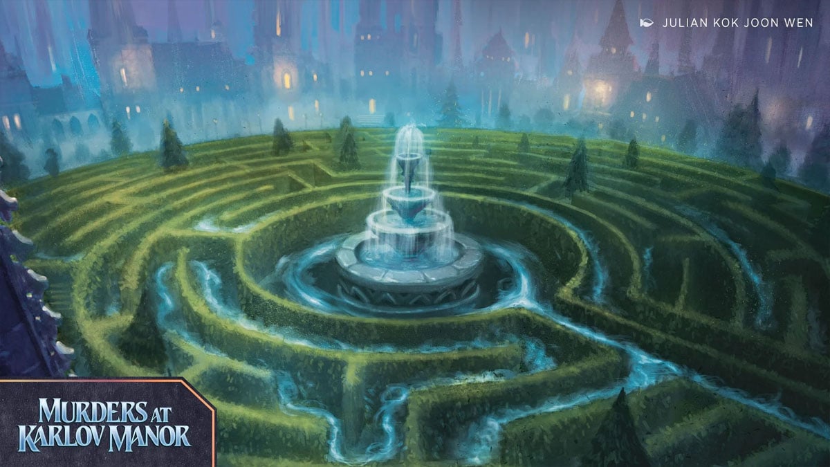 A large water fountain in the center of a hedge maze in Magic: The Gathering's Murders at Karlov Manor key art.