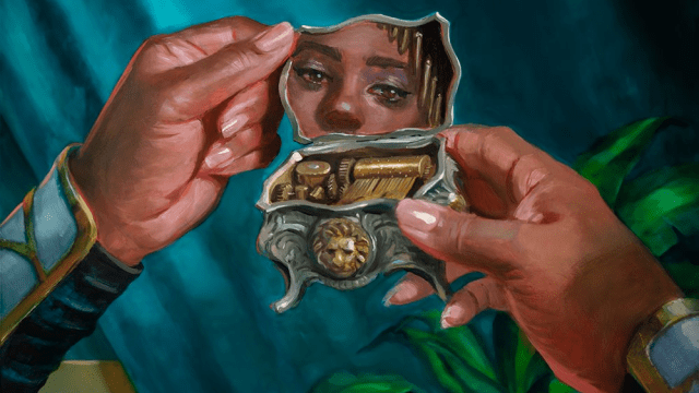 A woman with dark skin looks in the mirror of a music box in a cave of MtG.