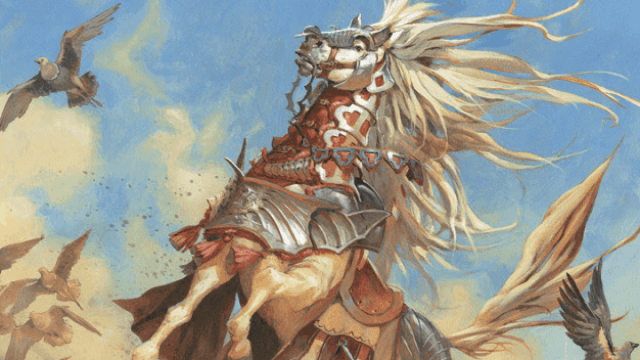 A white horse in steel armor rears back in combat in MtG.