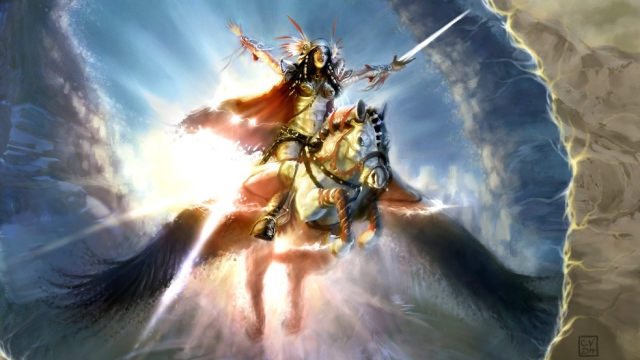 A woman in armor and a sword on the back of a flying horse glows with divine light in MtG.