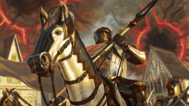 A heavily armored man on a heavily armored white horse holds a spear in the midst of an army in MtG. Runes cover the sky in the background.
