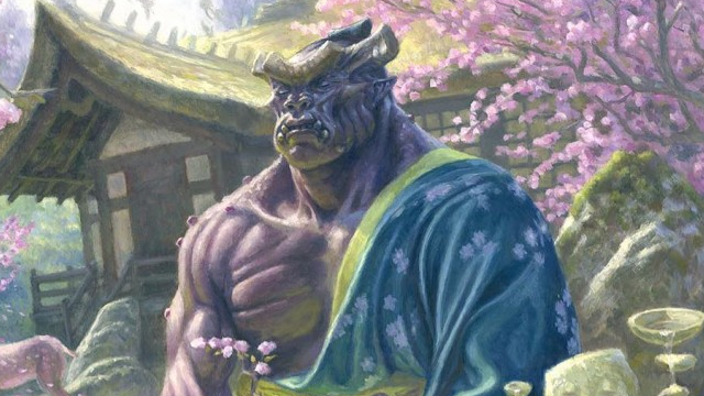 An ogre with harsh features and purple skin wears a blue robe as he meditates in a Japanese-style garden in MtG.