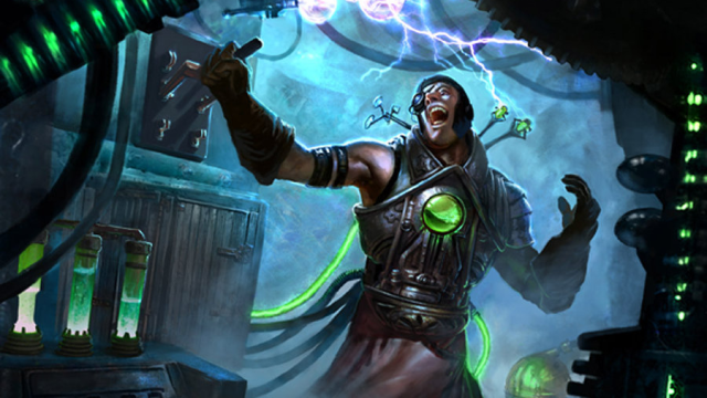 A man with a green glowing chest prepares to pull a lever in a futuristic laboratory in MtG.