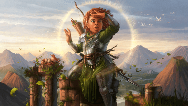 A short woman with red hair and plate mail looks into the distance, a golden aura around her in MTG.