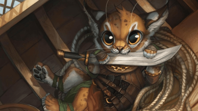 A small humanoid cat looks at the viewer, a small sword in its mouth as it lays on the deck of a boat in MtG.