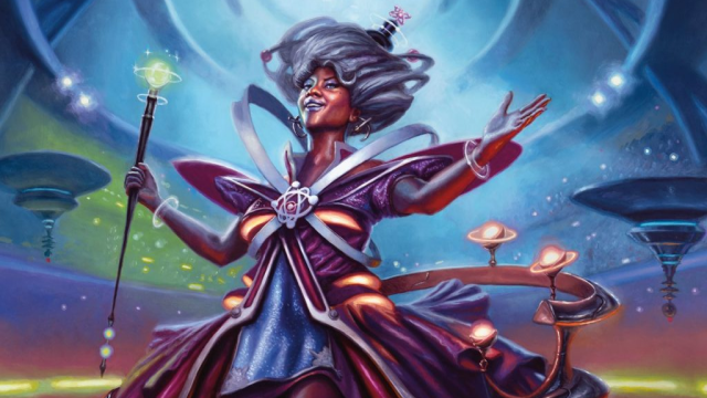 A woman stands in the center of floating platforms. Her hair is a large, circular shape, she wears extravagant robes, and is holding a staff to the side as she gestures to an audience in MtG.