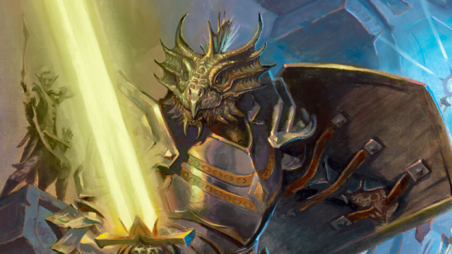 A dragon-faced man in heavy armor and a shield looks to his blade, currently glowing golden, in MtG.