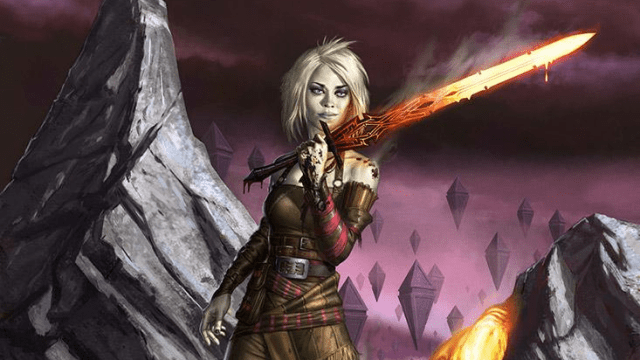 A woman Fighter with leather armor, a glowing red sword, and white skin stands among stones in MtG.