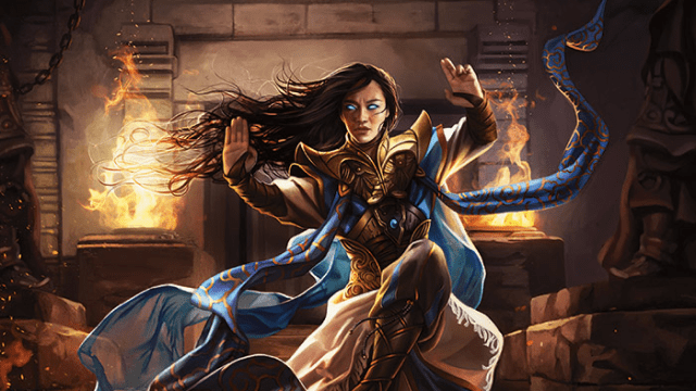 A woman in colorful, extravagant robes stands in a combat stance as her eyes begin to glow in a catacomb of MtG.