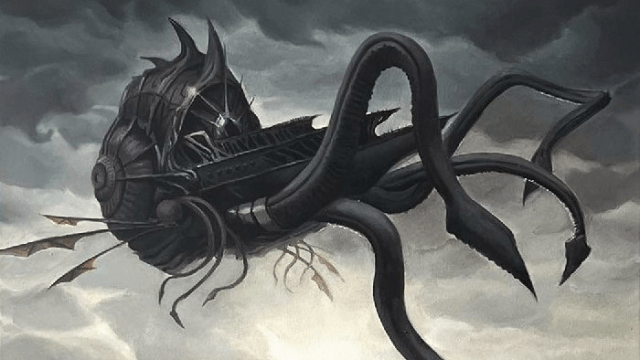 A large ship with octopus-like tentacles flies through a darkened sky in MtG.