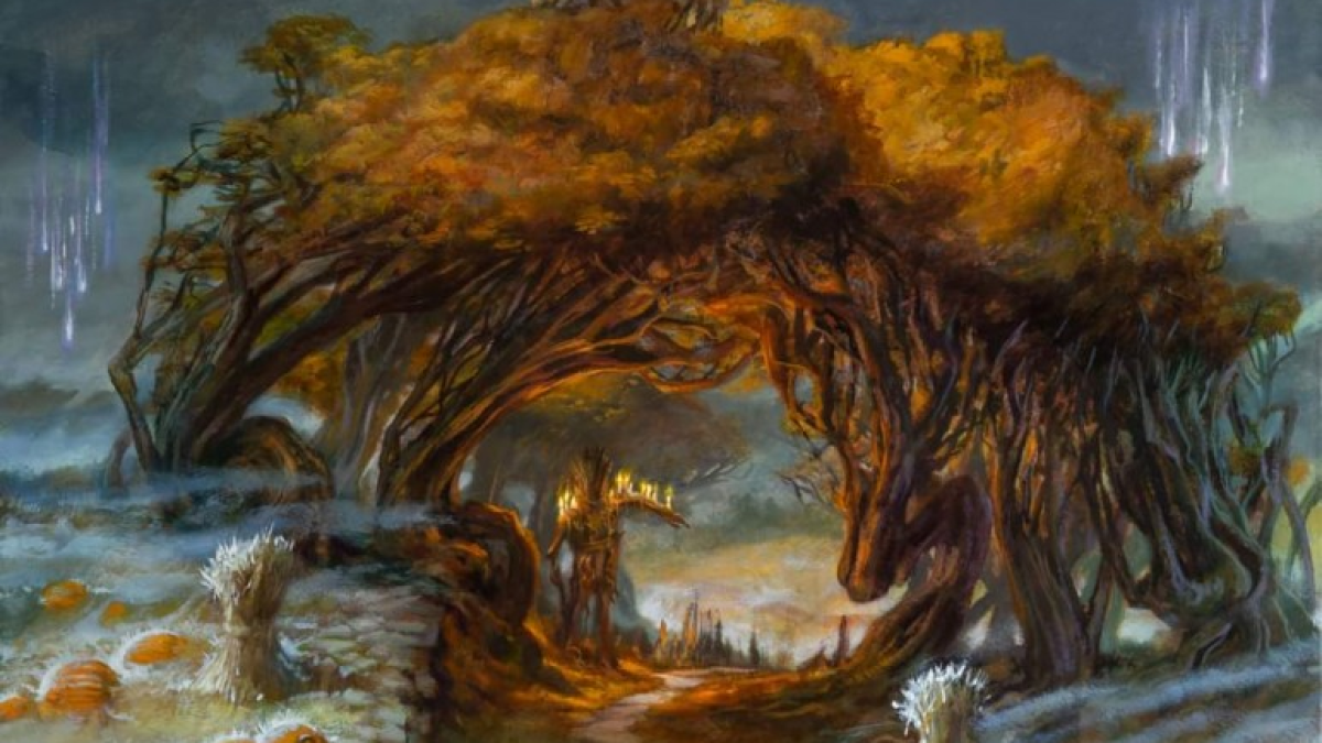 A dryad sits under a pair of golden trees, gesturing into the distance as the farm it sits on is overgrown in MtG.