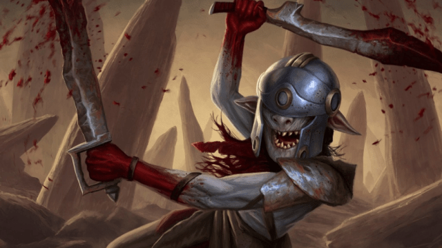 A short, pointy-eared goblin holds two swords as he charges into battle, helmet over his eyes, in MtG.
