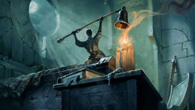 A man lifts a large tool above an anvil in a giant's Forge in MtG.